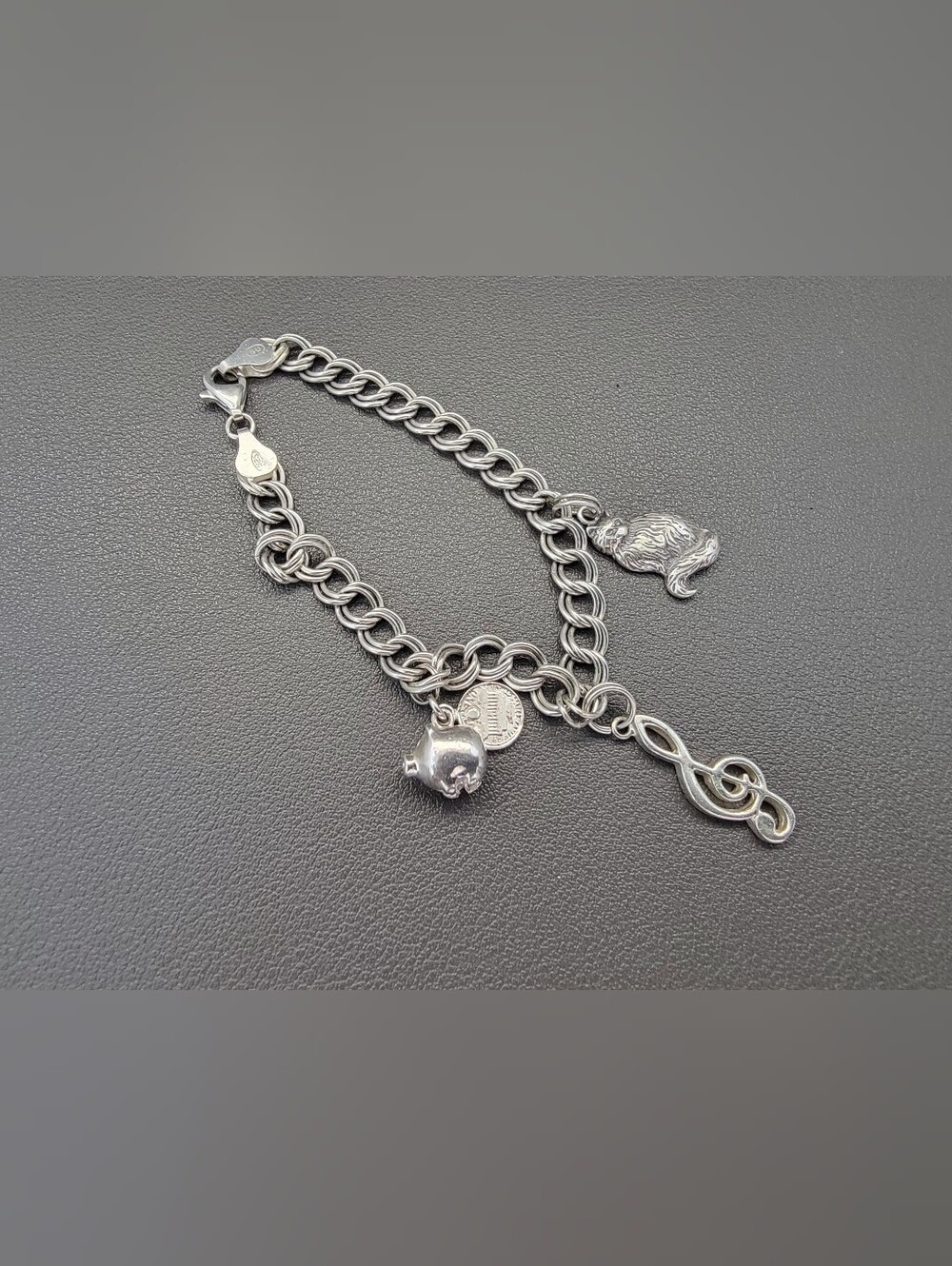 925 Sterling Silver Italian Charm Bracelet Cat Piggy Bank Treble Clef Coin Music